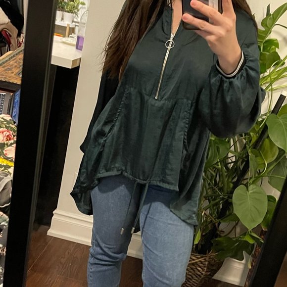 Zara Emerald Green Silk Embroidered Blouse Shirt 3/4 Zip, Small - Picture 5 of 16